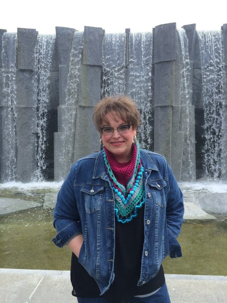 Marly Bird wearing her class sample of the Creativebug Triangle Shawl Workshop. Only $4.99 for a month subscription to Creativebug and they have over 300+ classes I can take!