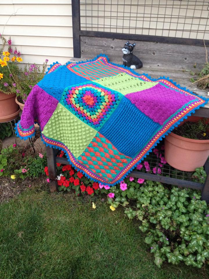 Stitch Sampler Baby Blanket by Marly Bird; crocheted by Jenni Castaneda. Free Pattern